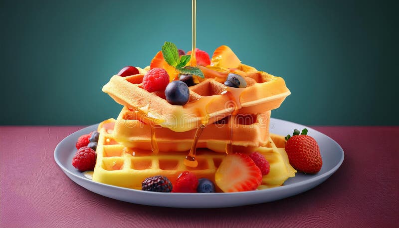 Waffles with mixed fruit and maple syrup. vector illustration