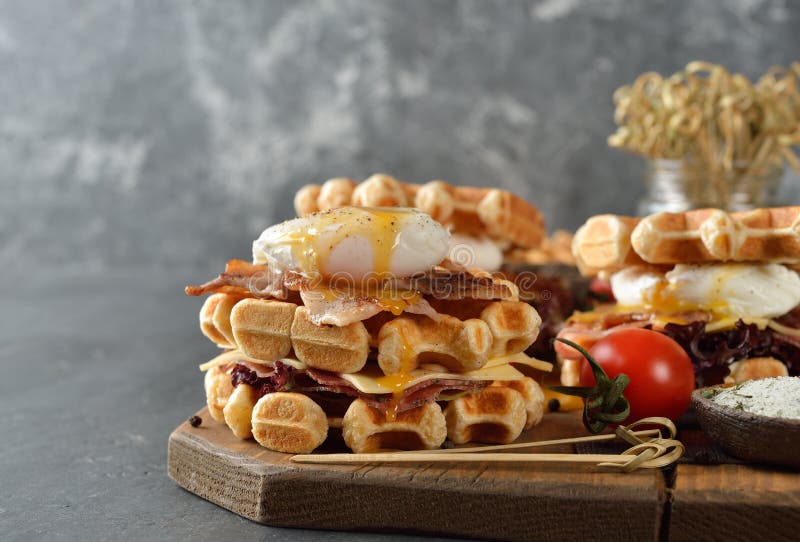 Waffles Sandwich with Poached Egg Stock Image Image of food