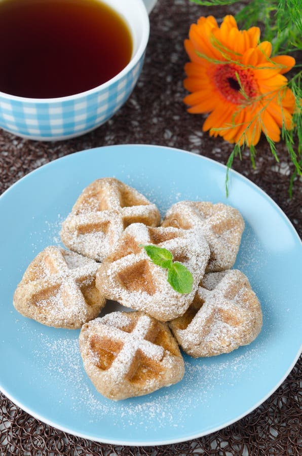 Waffles Sprinkled With Powdered Sugar Stock Image Image of delicious, blue 27850509