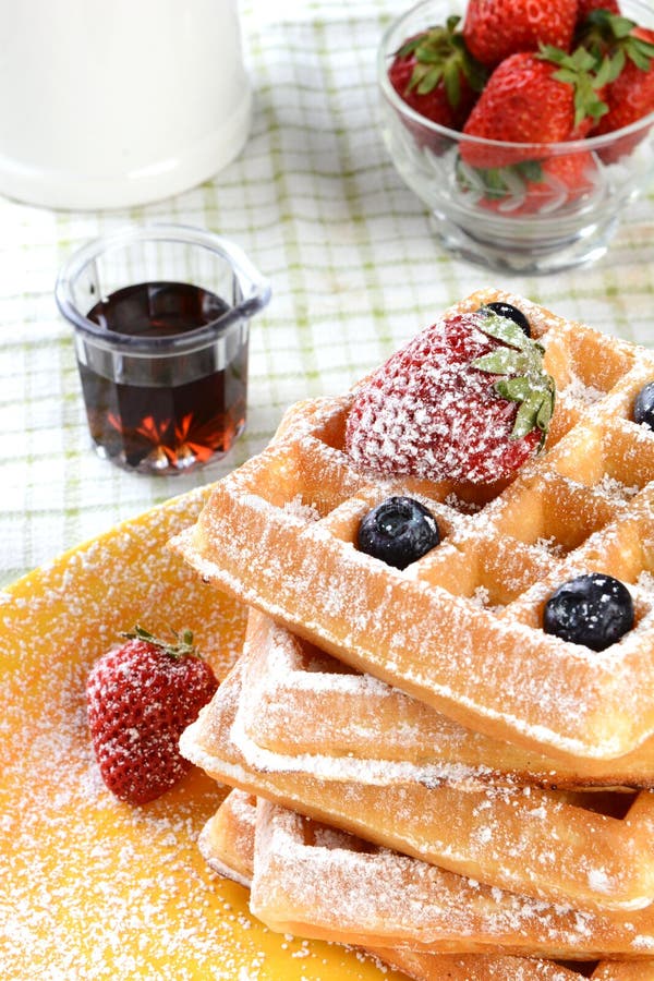 Waffles With Sugar Covered Blueberries And Syrup Stock Image Image of