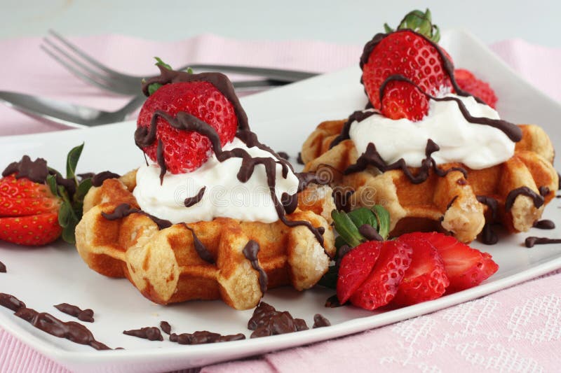 Waffles with Strawberries and Cream Stock Photo - Image of fattening ...