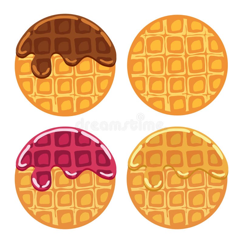 Vector belgian waffles with colorful flowing fruit syrup and chocolate ice cream isolated on white background. breakfast homemade waffle with cream, blueberry and raspberry as sweet dessert food. top view, flat style. Vector belgian waffles with colorful flowing fruit syrup and chocolate ice cream isolated on white background. breakfast homemade waffle with cream, blueberry and raspberry as sweet dessert food. top view, flat style