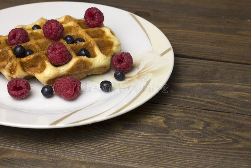 Waffles in a white plate with berries royalty free stock photo