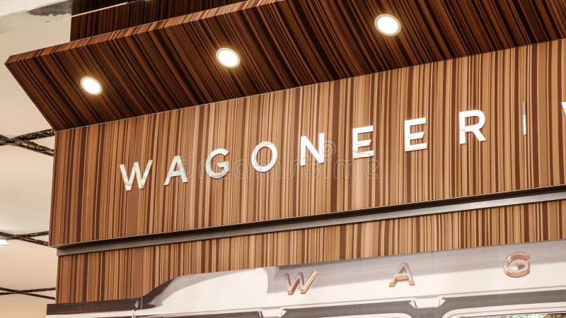 Wagoneer car brand on display. Crowds looking at new car models at Auto show. National Canadian Auto Show with many car brands. royalty free stock images