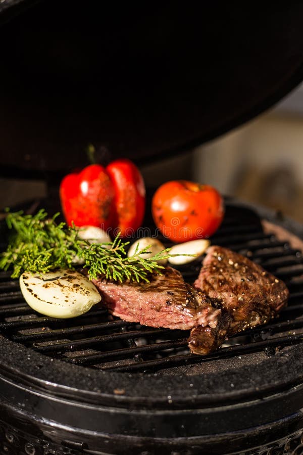 Wagyu Beef with Vegetables on Hot Grill. Barbecue. Restaurant Stock
