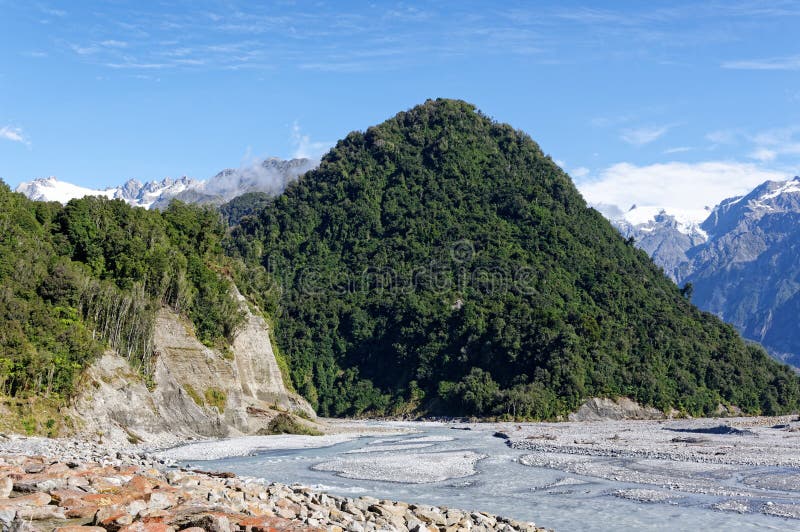 The Waiho River in Franz Josef or KÄ Roimata o Hine Hukatere looking up to the Franz Josef glacier