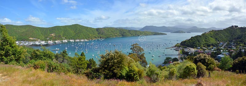 Waikawa Bay & Marina Panorama, Marlborough Sounds, New Zealand.