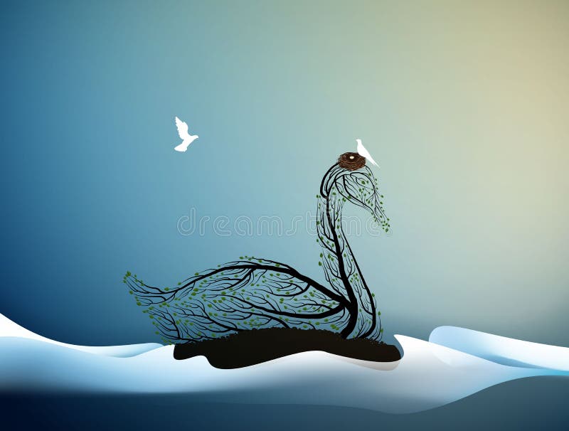 Wait the spring, swanlook like tree branches with the nest and white bird flying, spring is coming, spring beautiful vector illustration Wait the spring, swanlook like tree branches with the nest and white bird flying, spring is coming, spring beautiful vector illustration