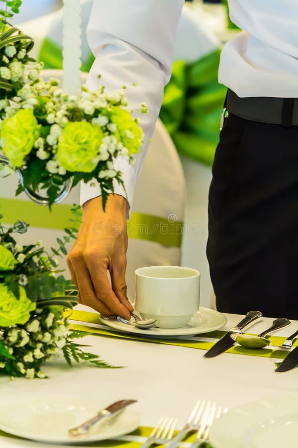 Waiter Decorate and Setting Party Dinner Table in Restaurant Stock Image Image of bodypart