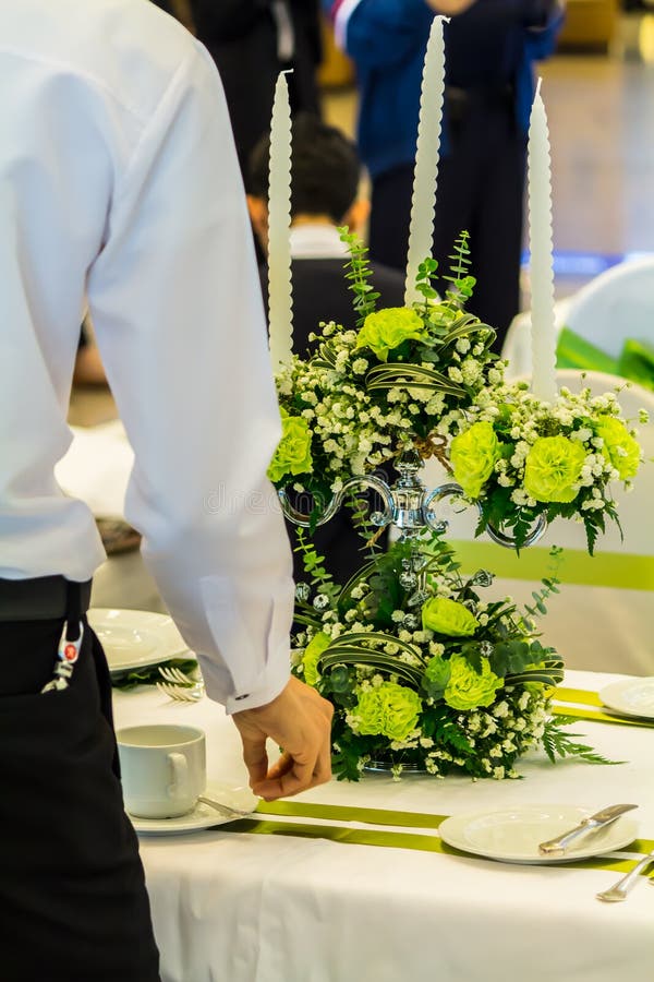 Waiter Decorate and Setting Party Dinner Table in Restaurant Stock Image Image of napkin