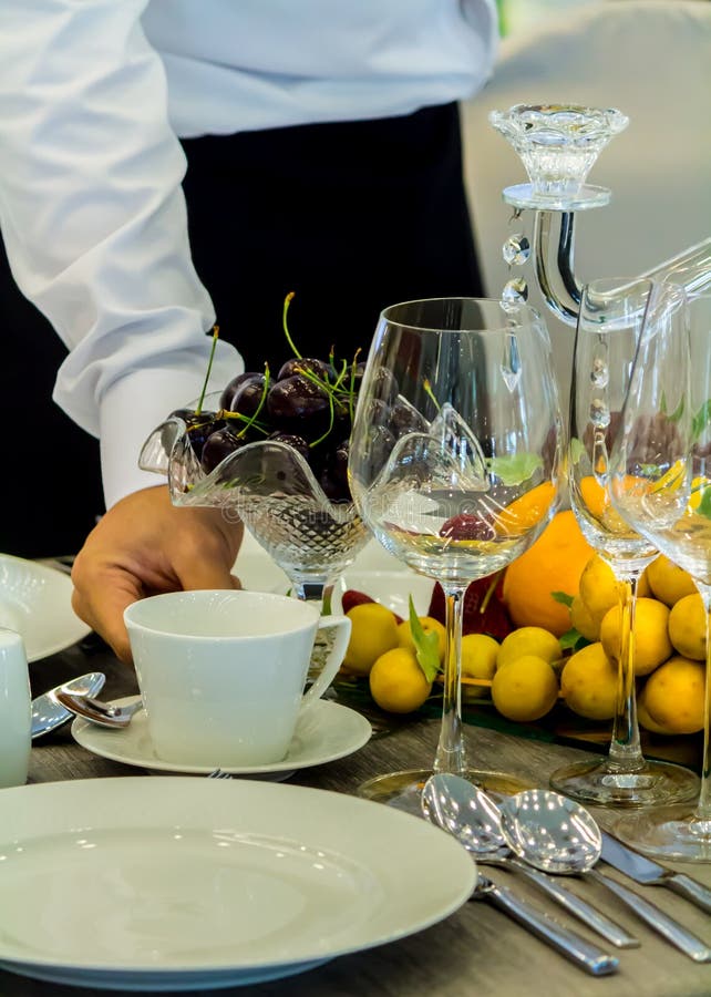 Waiter Decorate and Setting Party Dinner Table in Restaurant Stock Image Image of cafe, decor