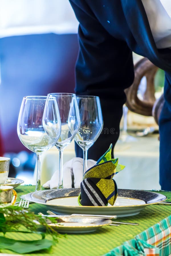 Waiter Decorate and Setting Party Dinner Table in Restaurant Stock Image Image of marriage