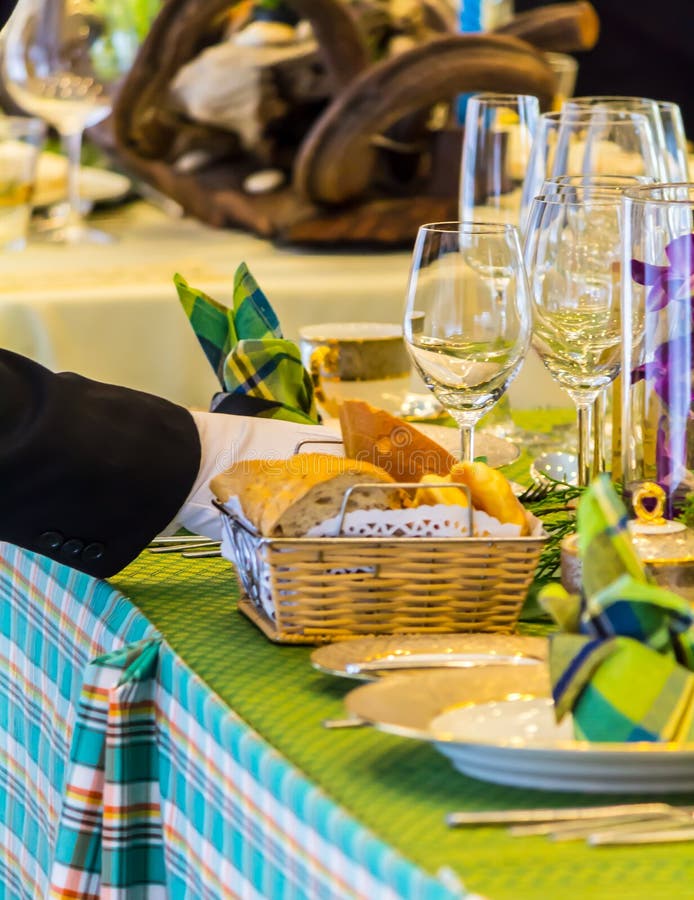 Waiter Decorate and Setting Party Dinner Table in Restaurant Stock Image Image of cafe, decor