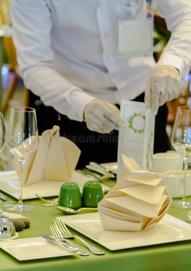 Waiter Decorate and Setting Party Dinner Table in Restaurant Stock Photo Image of decor, dish