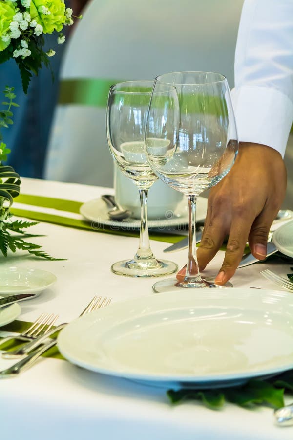Waiter Decorate and Setting Party Dinner Table in Restaurant Stock Photo Image of food, meal