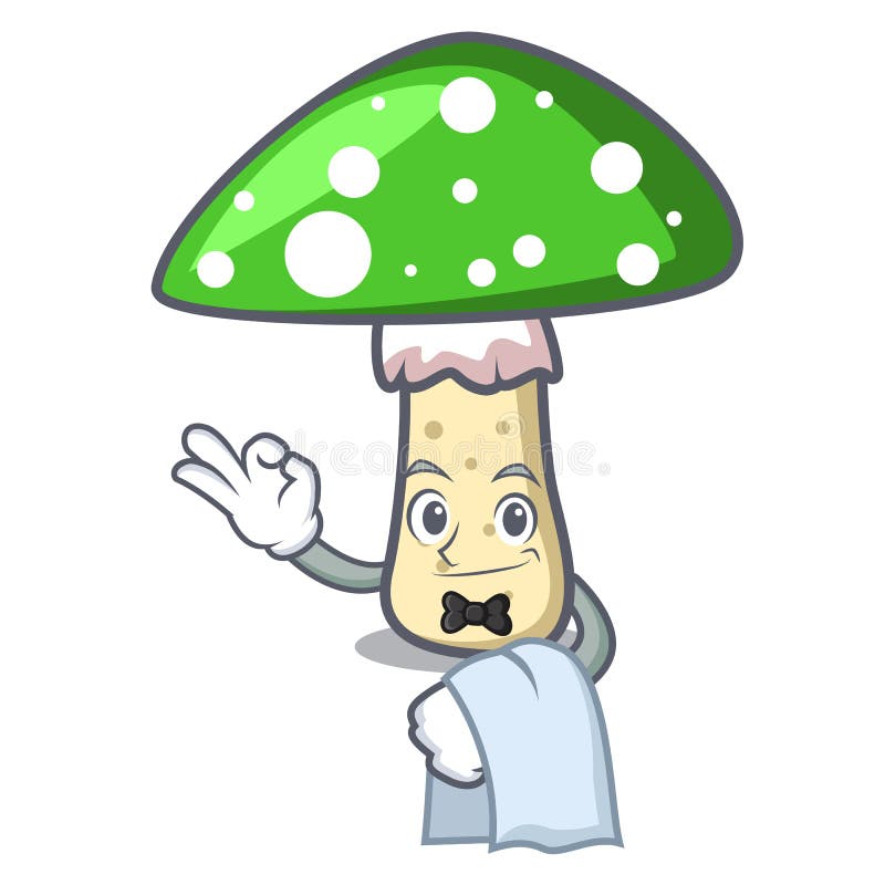 Waiter green amanita mushroom mascot cartoon stock illustration