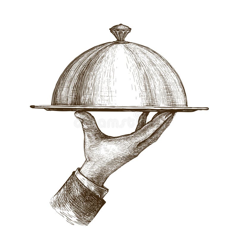 Waiter hand holding cloche serving plate. Vintage sketch vector illustration stock illustration