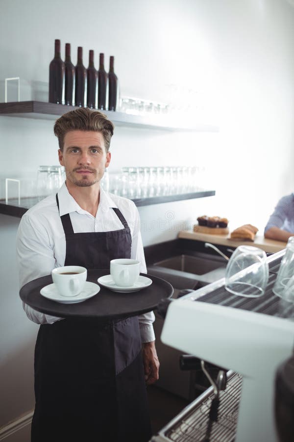 Waiter Holding Coffee in Tray at Counter Stock Photo Image of