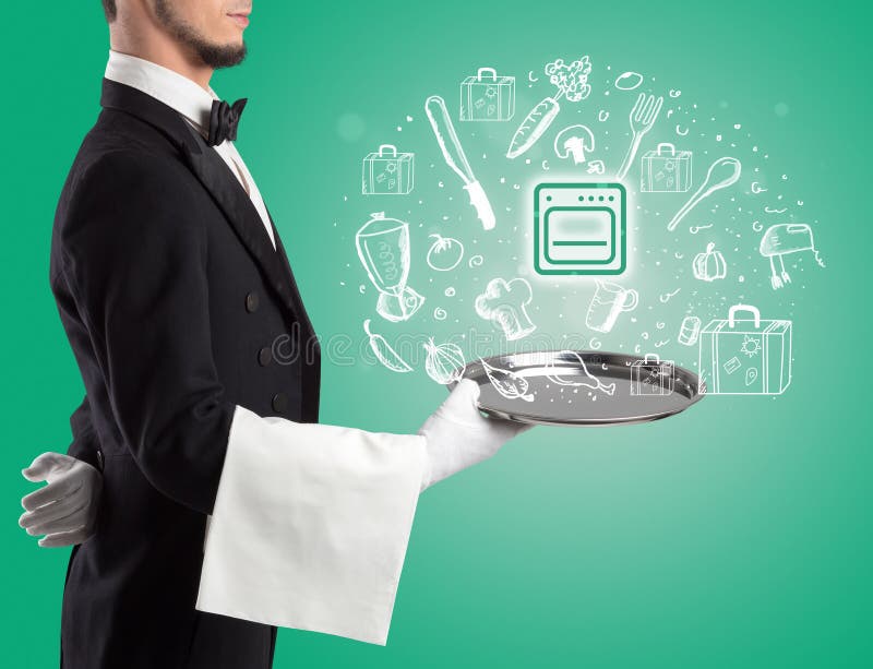 Chelner care ține tavă de argint cu pictograme alimentare deasupra stock photography