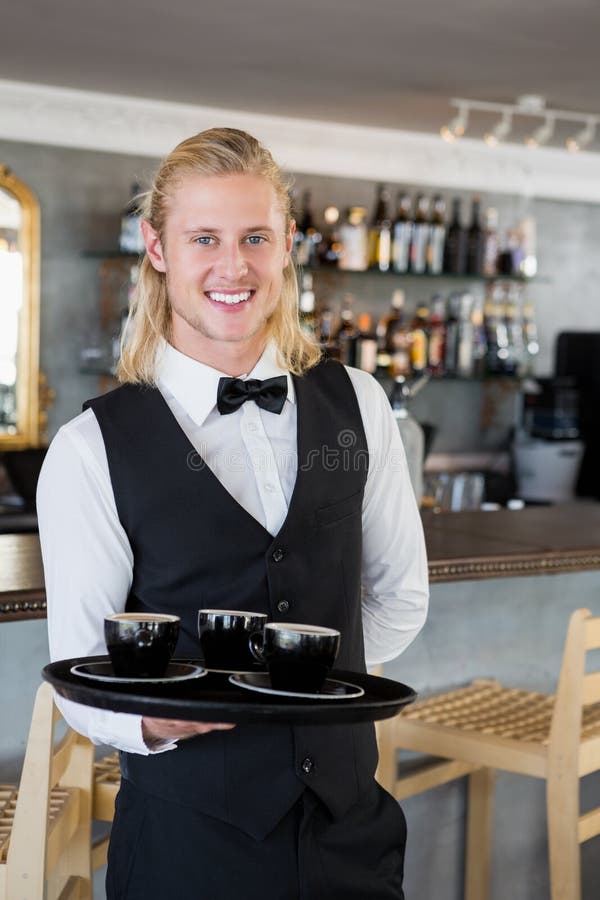 Portrait Of Waiter Holding Tray With Glasses Of Red Wine Stock Image Image Of Happy Server