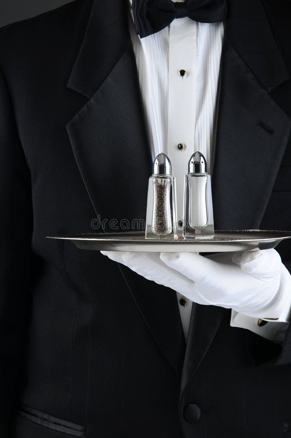 Waiter Holding Tray with Salt and Pepper