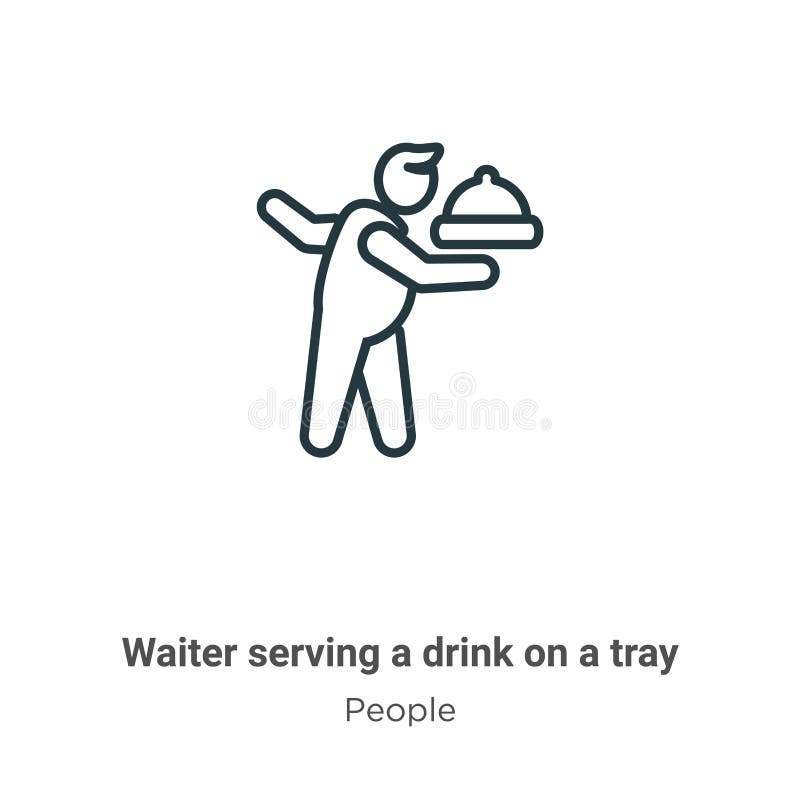 Waiter Serving a Drink on a Tray Outline Vector Icon. Thin Line Black