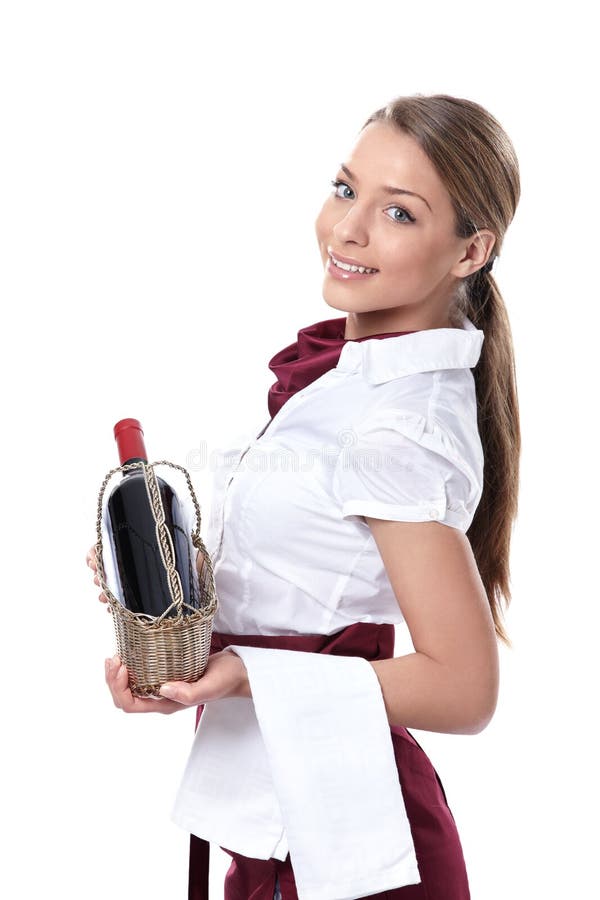 A Waitress with a Bottle of Wine Stock Image Image of uniform, person