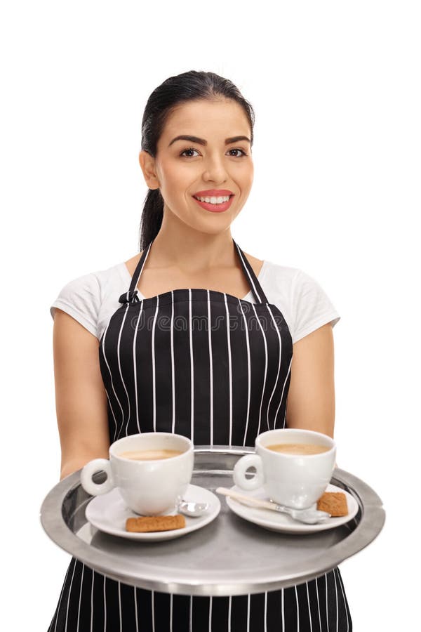 Waitress Offering a Tray with Two Cups of Coffee Stock Image Image of