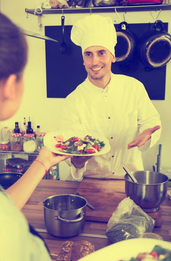 Waitress Taking Served Salad from Chef Stock Image Image of european