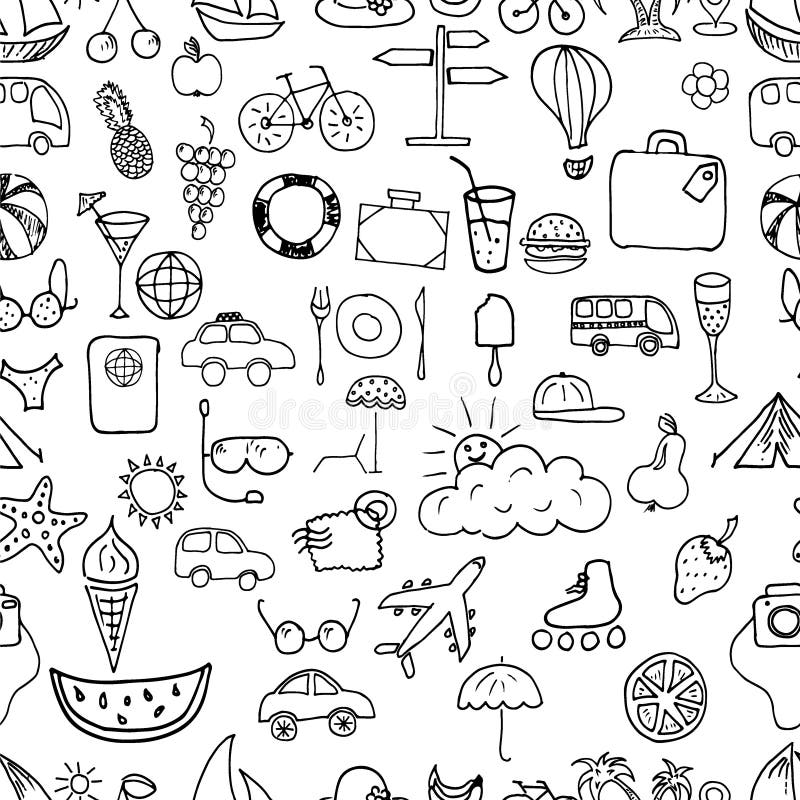 Summer holidays hand drawn signs and symbols, seamless pattern,. Summer holidays hand drawn signs and symbols, seamless pattern,