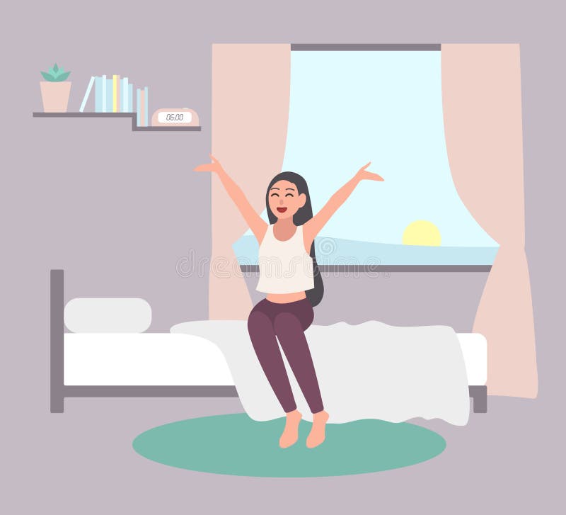 Wake Up Early Concept Happy Girl Get Out Of Bed In Morning Flat Illustration On White Background Stock Vector Illustration Of Person Clear