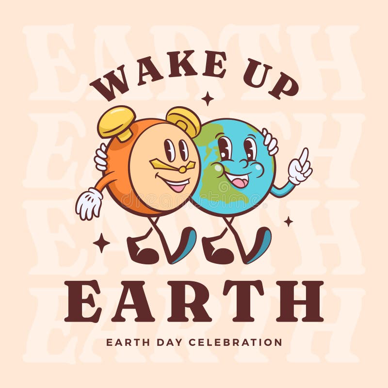 Wake Up Earth Groovy Retro Cartoon Characters Greeting Card. Happy