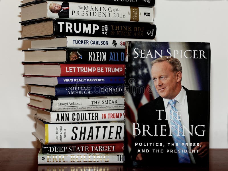 Sean Spicer`s book The Briefing sits upright in front of a vertical stack of