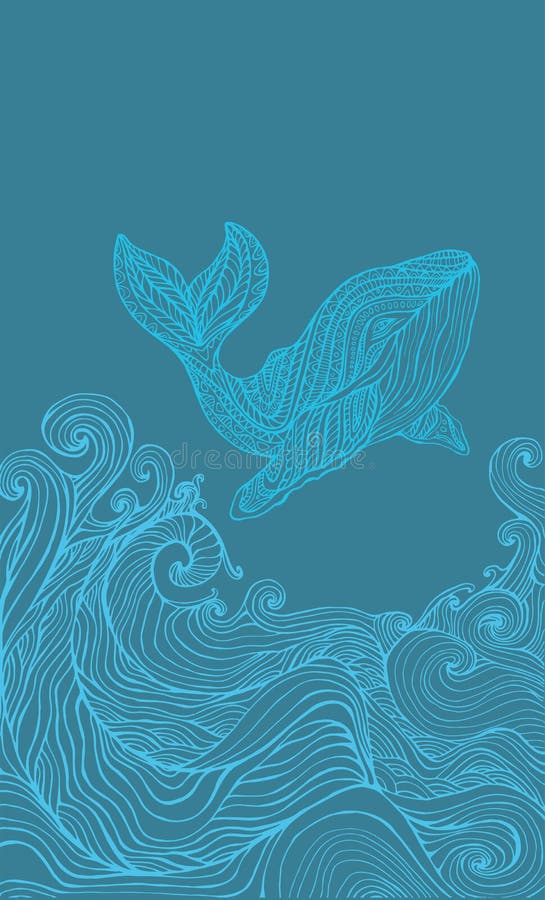 Wal und Ozeanwellen, monochromatisches blaues Ausmalbild lizenzfreie abbildung