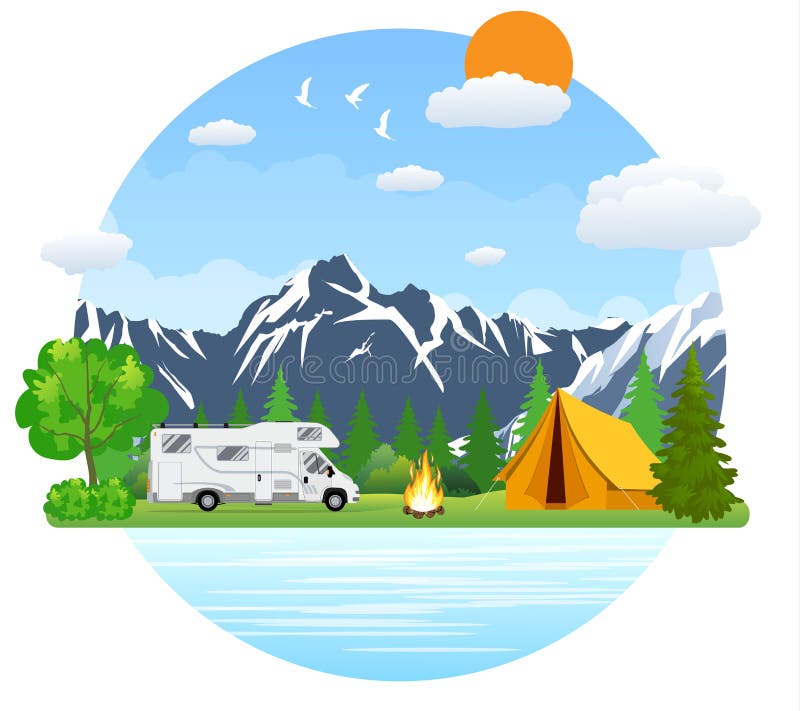 Waldkampierende Landschaft mit rv-Reisendbus im flachen Design stock abbildung Waldkampierende Landschaft mit rv-Reisendbus im flachen Design stock abbildung