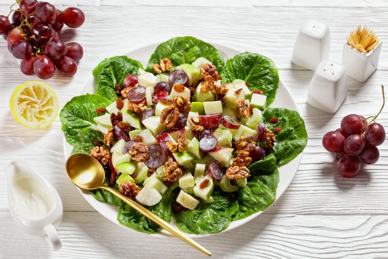 Waldorf salad with red grapes on a plate