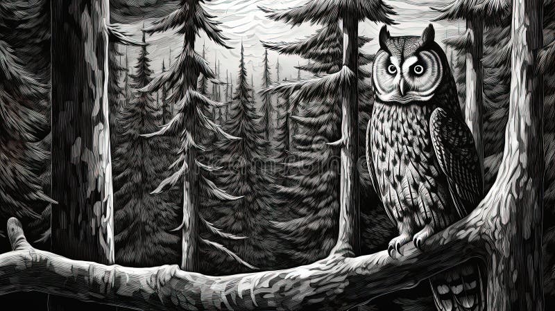 Waldschutzkauz. Diese Illustration wird mit Liebe unter Verwendung verschiedener digitaler Software und Hilfsprogramme erzeugt. eine hölzerne Uhusstatue steht hoch inmitten des dichten Waldes mit seinen aufwändigen Gravuren, die an eine vergangene Zeit erinnern. Schwarz-Weiß Stift und Tinte tragen zum rustikalen Charme des Bildes bei..