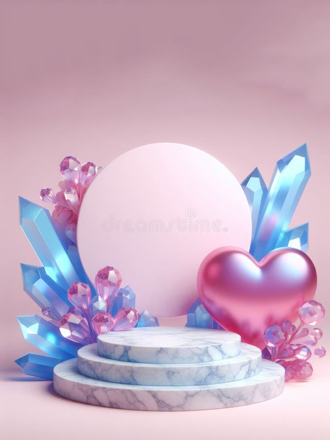 Walentynka 3d renderuje podium marmurowe niebieskim kryształowym różowym sercem generowanym przez ai royalty ilustracja