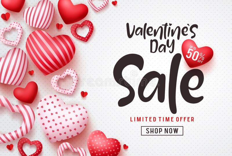 Valentines day sale vector banner template. Valentines day sale discount text with hearts elements in white pattern background. Vector illustration. Valentines day sale vector banner template. Valentines day sale discount text with hearts elements in white pattern background. Vector illustration.