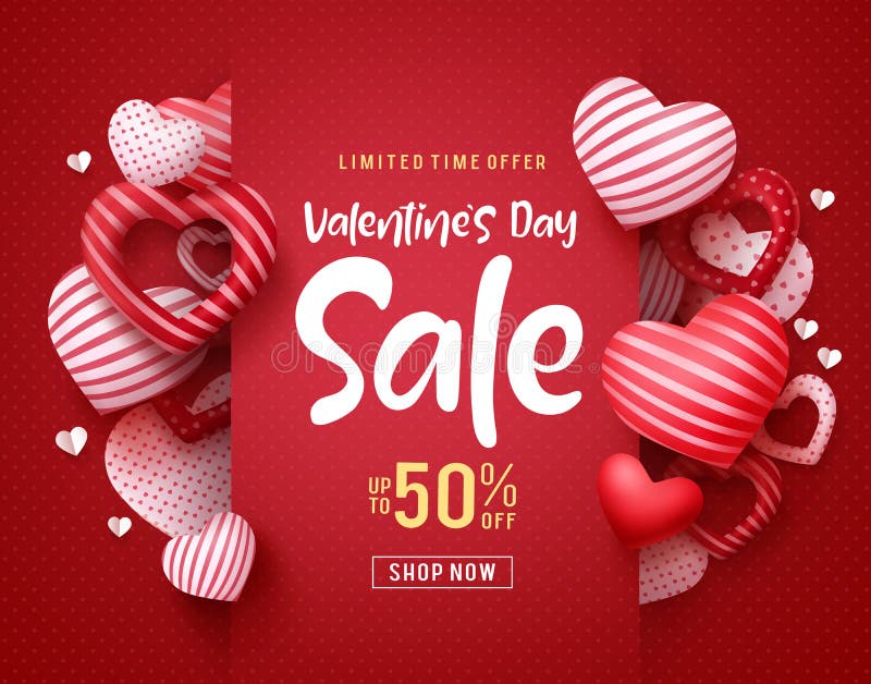Valentines day sale vector banner. Sale discount text for valentines day shopping promotion with hearts elements in red background. Vector illustration. Valentines day sale vector banner. Sale discount text for valentines day shopping promotion with hearts elements in red background. Vector illustration.