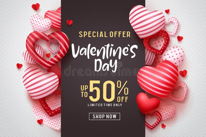 Valentines day vector promotional banner. Special offer text with red hearts elements in white background for valentines day discount promotion. Vector illustration. Valentines day vector promotional banner. Special offer text with red hearts elements in white background for valentines day discount promotion. Vector illustration.