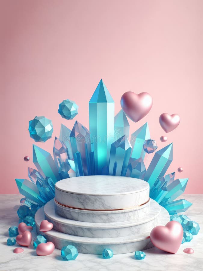 Walentynkowa scena 3d renderuje podium marmurowe niebieskim kryształowym różowym sercem generowanym przez ai royalty ilustracja