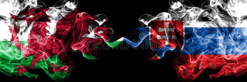 Wales, Welsh, Slovakia, Slovakian competition thick colorful smoky flags. European football qualifications games