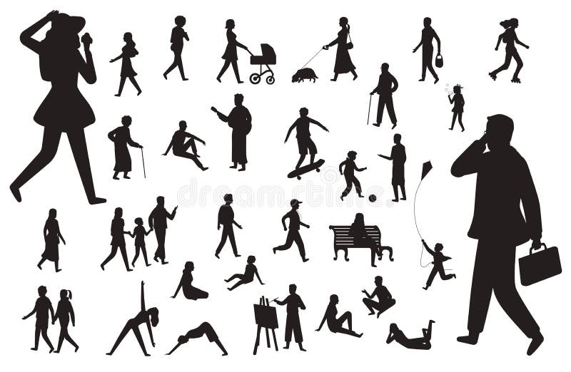 Walk people silhouette. Black figures of happy children woman young lady working man, walking person vector isolated set