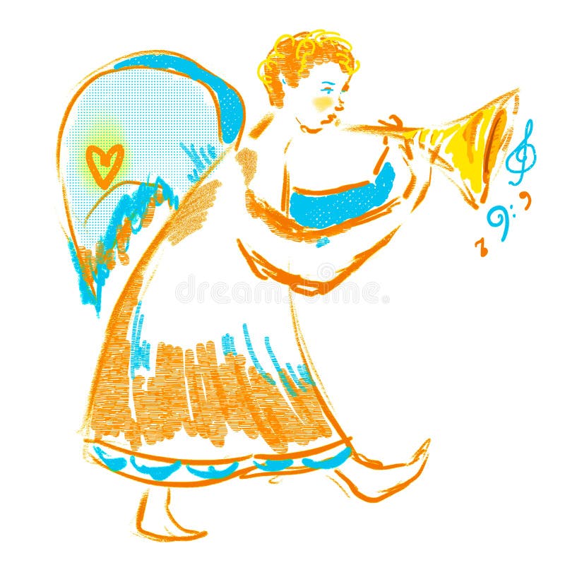 Walking angel with golden trumpet stock illustration Walking angel with golden trumpet stock illustration
