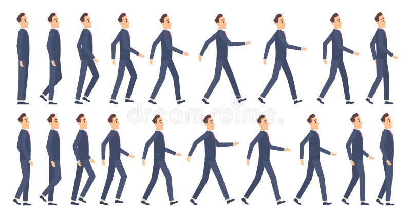 Walking animation. Business characters 2d animation key frames game cartoon sprite vector mascot
