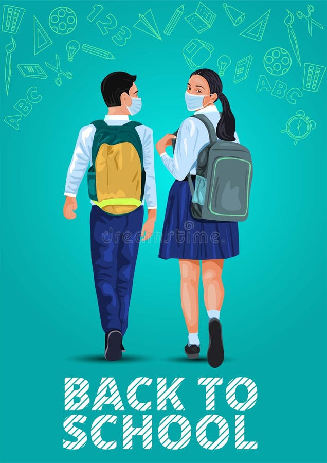 Walking boy and girl back to school illustration Children go to school with their back packs and in school uniforms Education