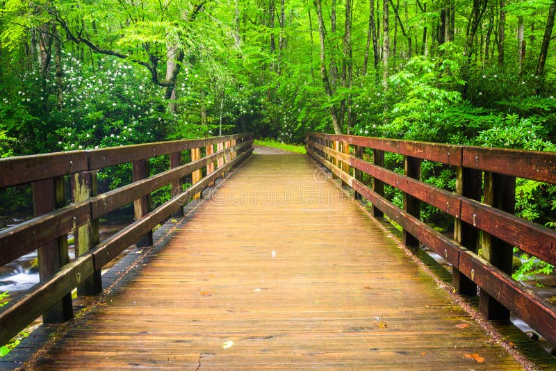 Walking bridge over the Oconaluftee River, at Great Smoky Mountains National Park, North Carolina. stock photography Walking bridge over the Oconaluftee River, at Great Smoky Mountains National Park, North Carolina. stock photography