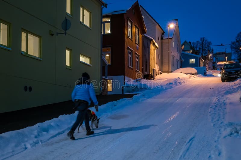 Walking the dog street in Tromso