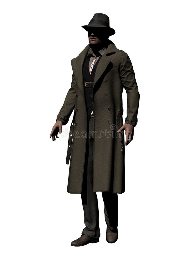 A man in an open trench coat is walking by. He wears a fedora hat. 3D-Rendering. A man in an open trench coat is walking by. He wears a fedora hat. 3D-Rendering.